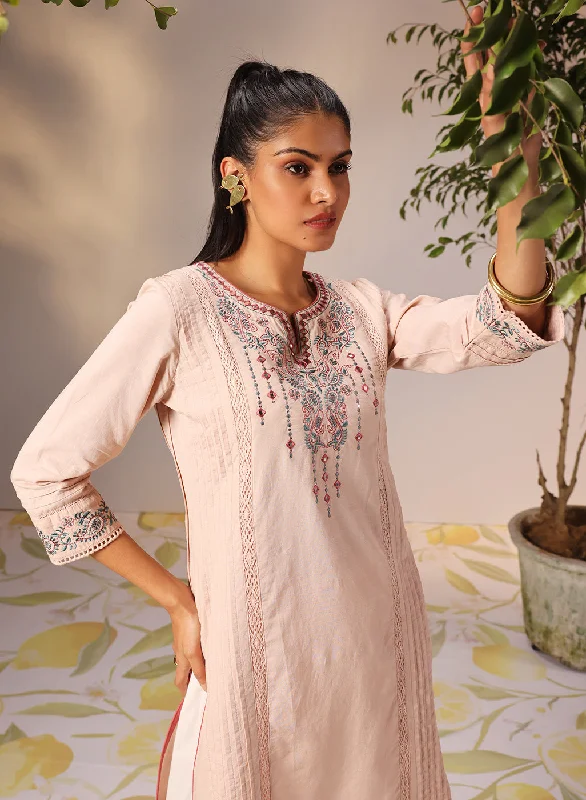 Zayna Salmon Pink Embroidered Cotton Linen Designer Kurta for Women