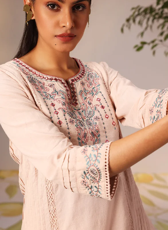 Zayna Salmon Pink Embroidered Cotton Linen Designer Kurta for Women