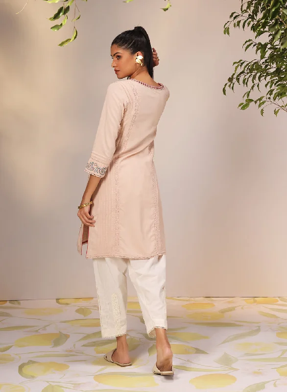 Zayna Salmon Pink Embroidered Cotton Linen Designer Kurta for Women