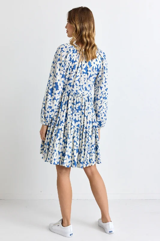 Airy Blue FlowerLS V Neck Mini Dress