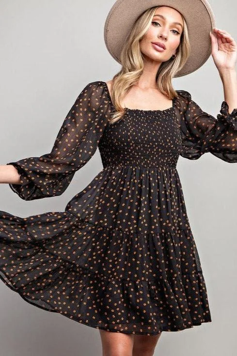 Black & Caramel Floral Smocked Dress