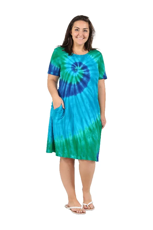 La Cera Cotton Knit Short Sleeve Blue Turquoise Tie-Dye Dress