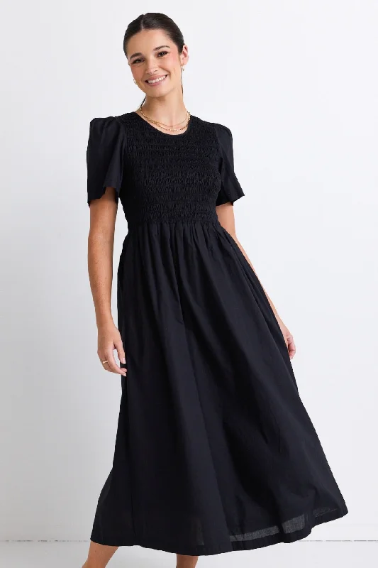 Wren Black Poplin SS Shirred Bodice Midi Dress