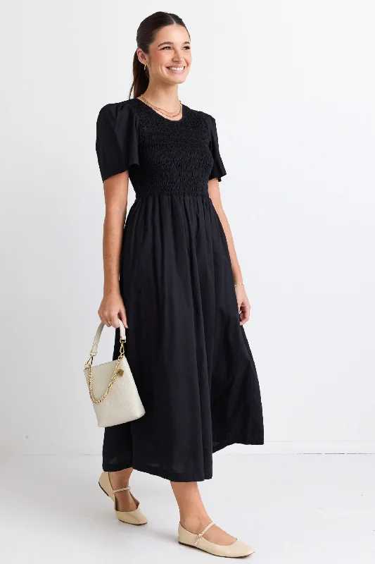 Wren Black Poplin SS Shirred Bodice Midi Dress