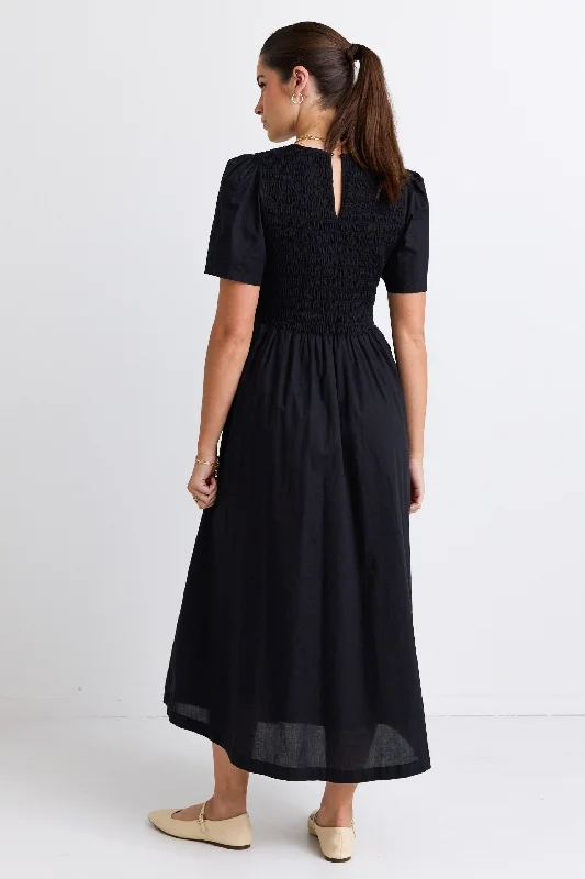 Wren Black Poplin SS Shirred Bodice Midi Dress