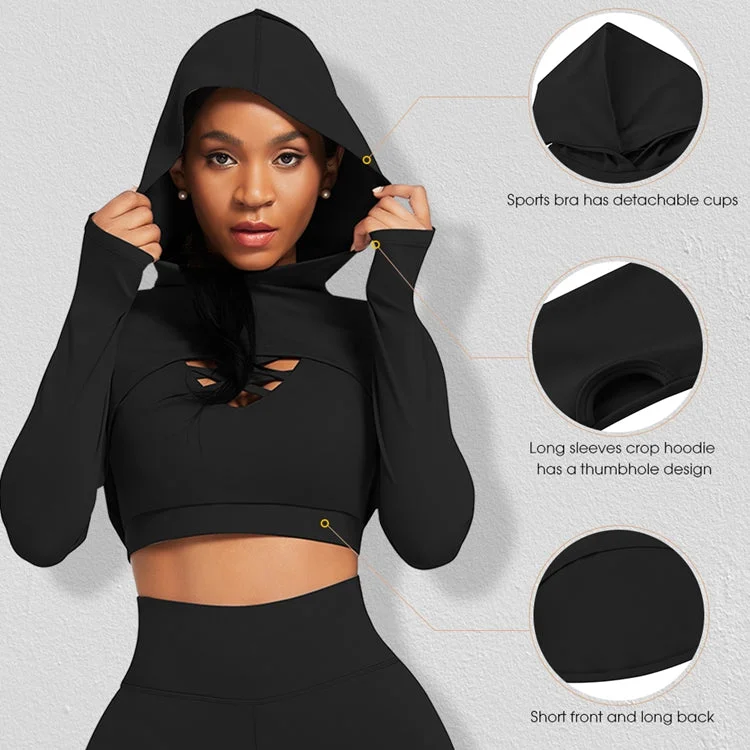 Women Three Yoga Suit Set High Waist Yoga Pants Long Sleeve Crop Top Hoodie Plain Tracksuit