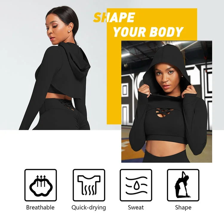 Women Three Yoga Suit Set High Waist Yoga Pants Long Sleeve Crop Top Hoodie Plain Tracksuit