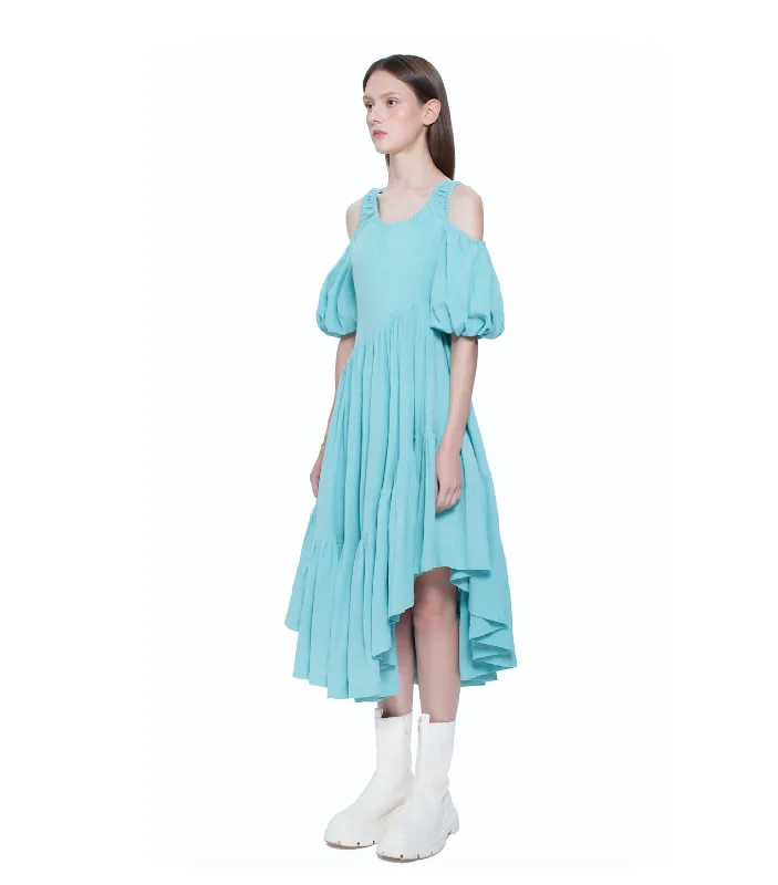 Asymmetric Open Shoulder Flare Hem Dress