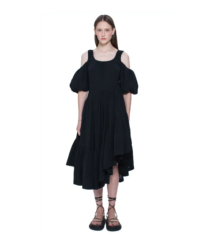 Asymmetric Open Shoulder Flare Hem Dress