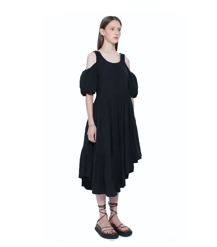 Asymmetric Open Shoulder Flare Hem Dress