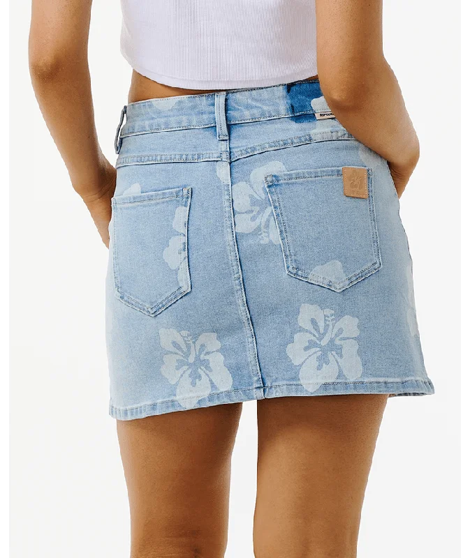 Rip Curl Hibiscus Heat Overdyed Denim Skirt-Light Blue