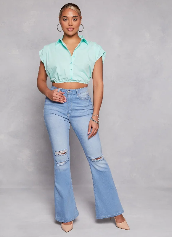 Poplin Cap Sleeve Cropped Shirt