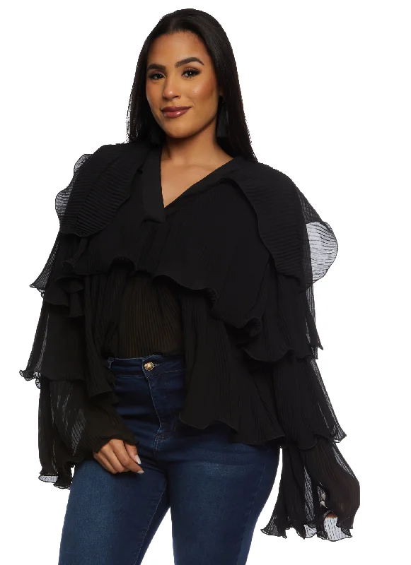 Plisse Ruffled Tiered Long Sleeve Blouse