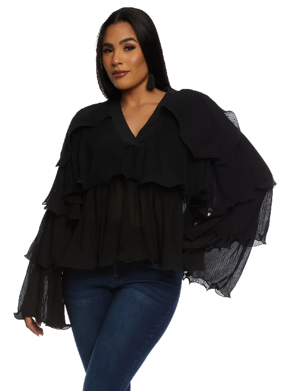 Plisse Ruffled Tiered Long Sleeve Blouse