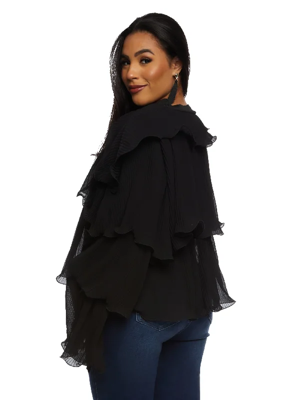 Plisse Ruffled Tiered Long Sleeve Blouse