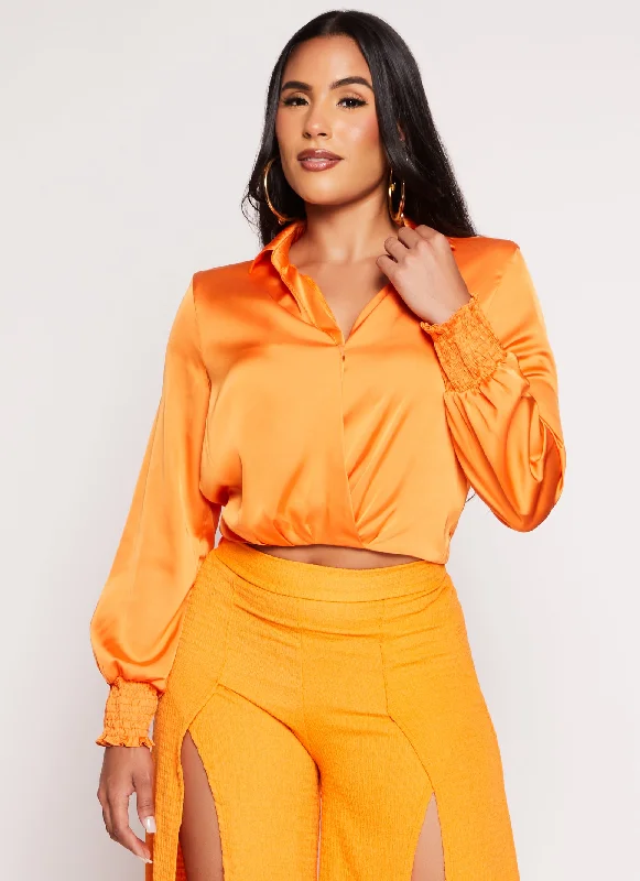 Satin Puff Sleeve Faux Wrap Shirt