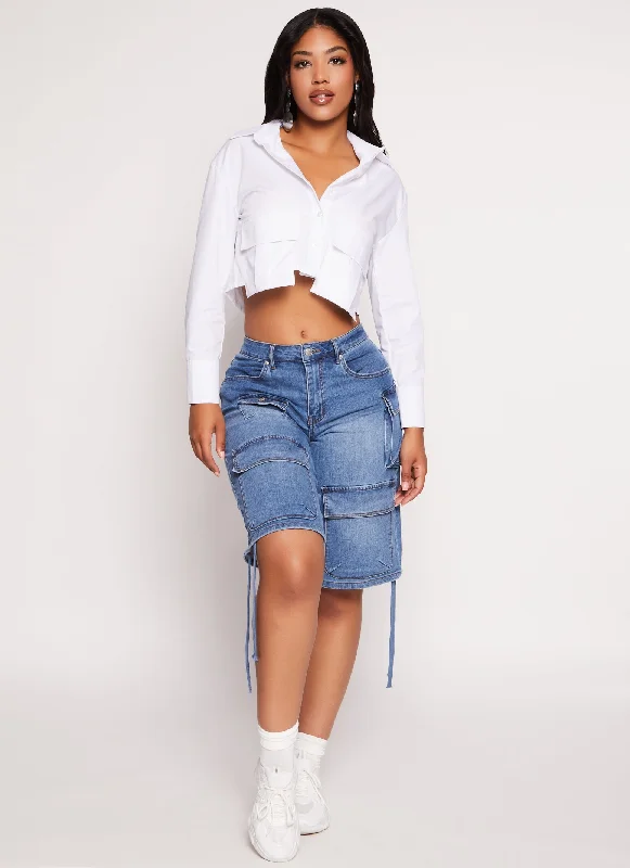 Flap Pocket Long Sleeve Cropped Shirt