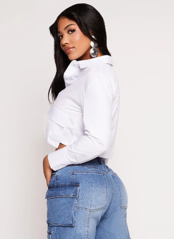 Flap Pocket Long Sleeve Cropped Shirt