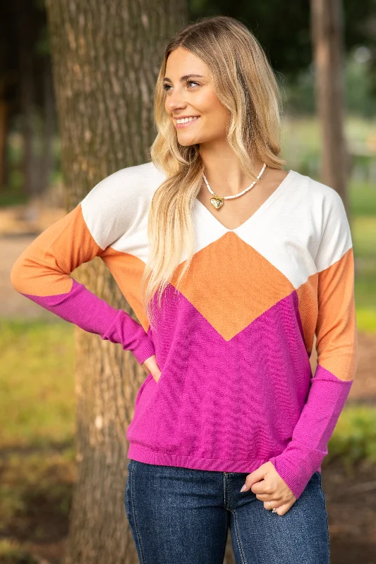 Colorblock Geometric Print V-Neck Sweater