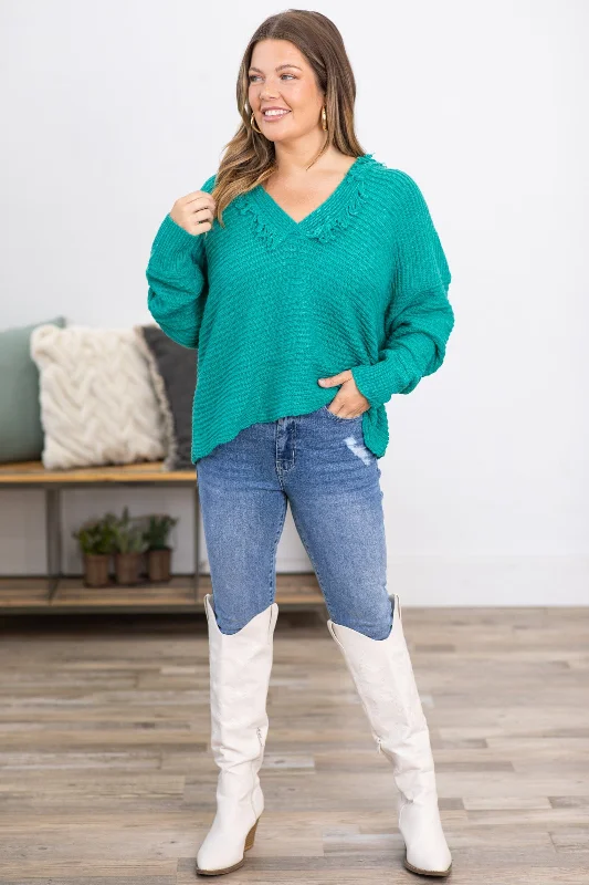 Dark Mint Hooded Sweater With Fringe