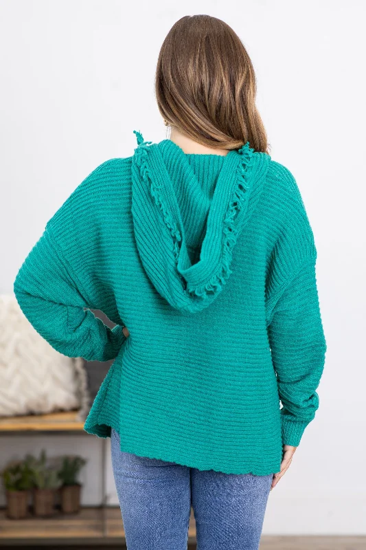 Dark Mint Hooded Sweater With Fringe