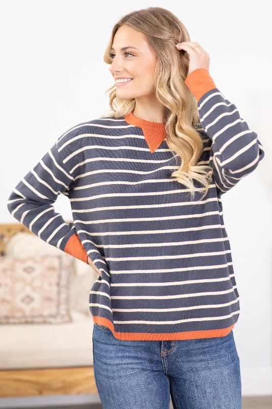 Navy Stripe Contrast Long Sleeve Knit Top