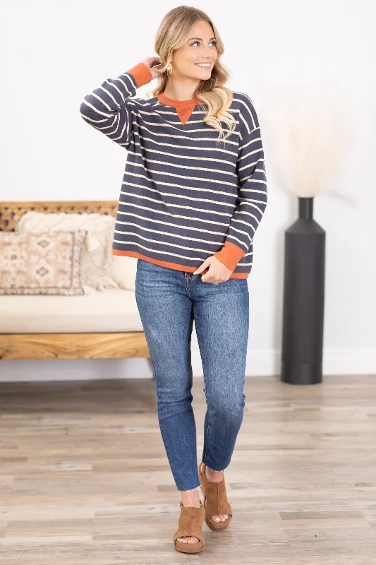 Navy Stripe Contrast Long Sleeve Knit Top