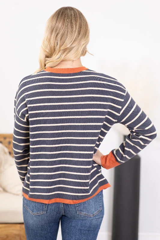 Navy Stripe Contrast Long Sleeve Knit Top