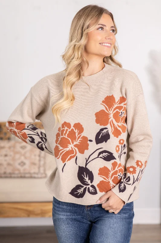 Oatmeal and Cognac Flower Jacquard Sweater