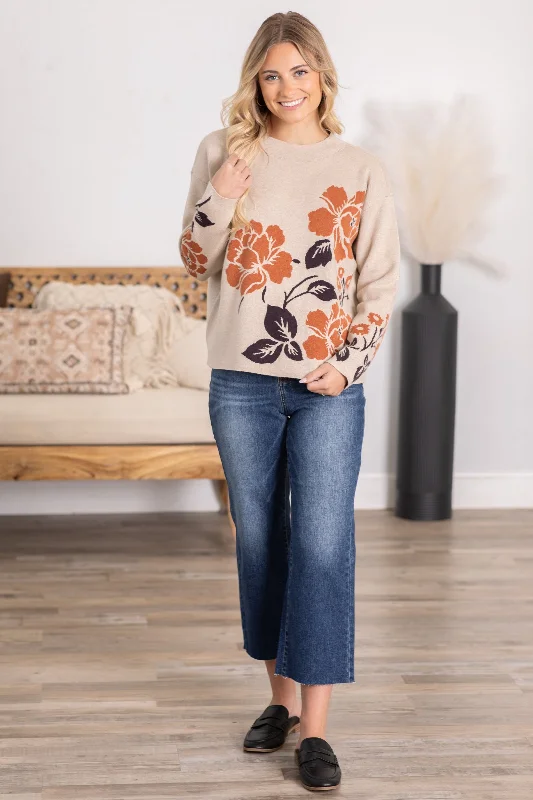 Oatmeal and Cognac Flower Jacquard Sweater