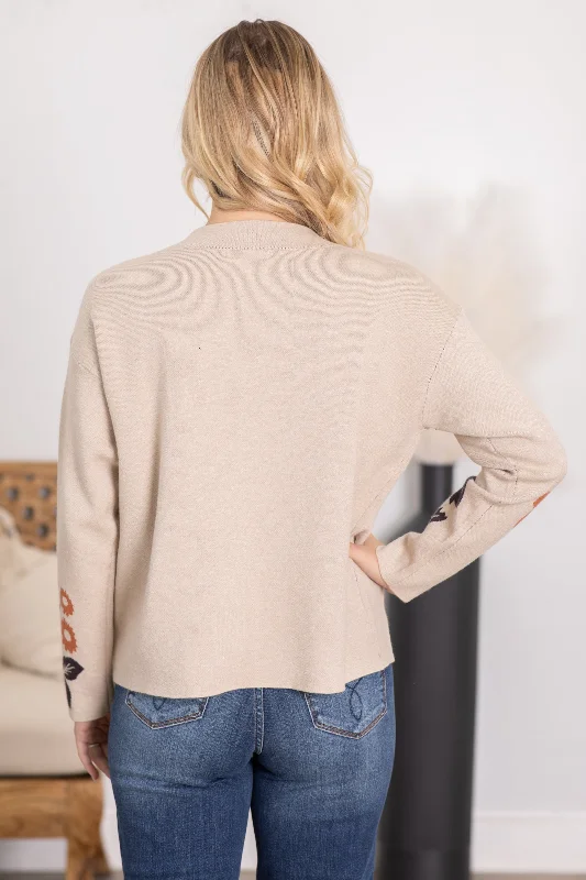 Oatmeal and Cognac Flower Jacquard Sweater